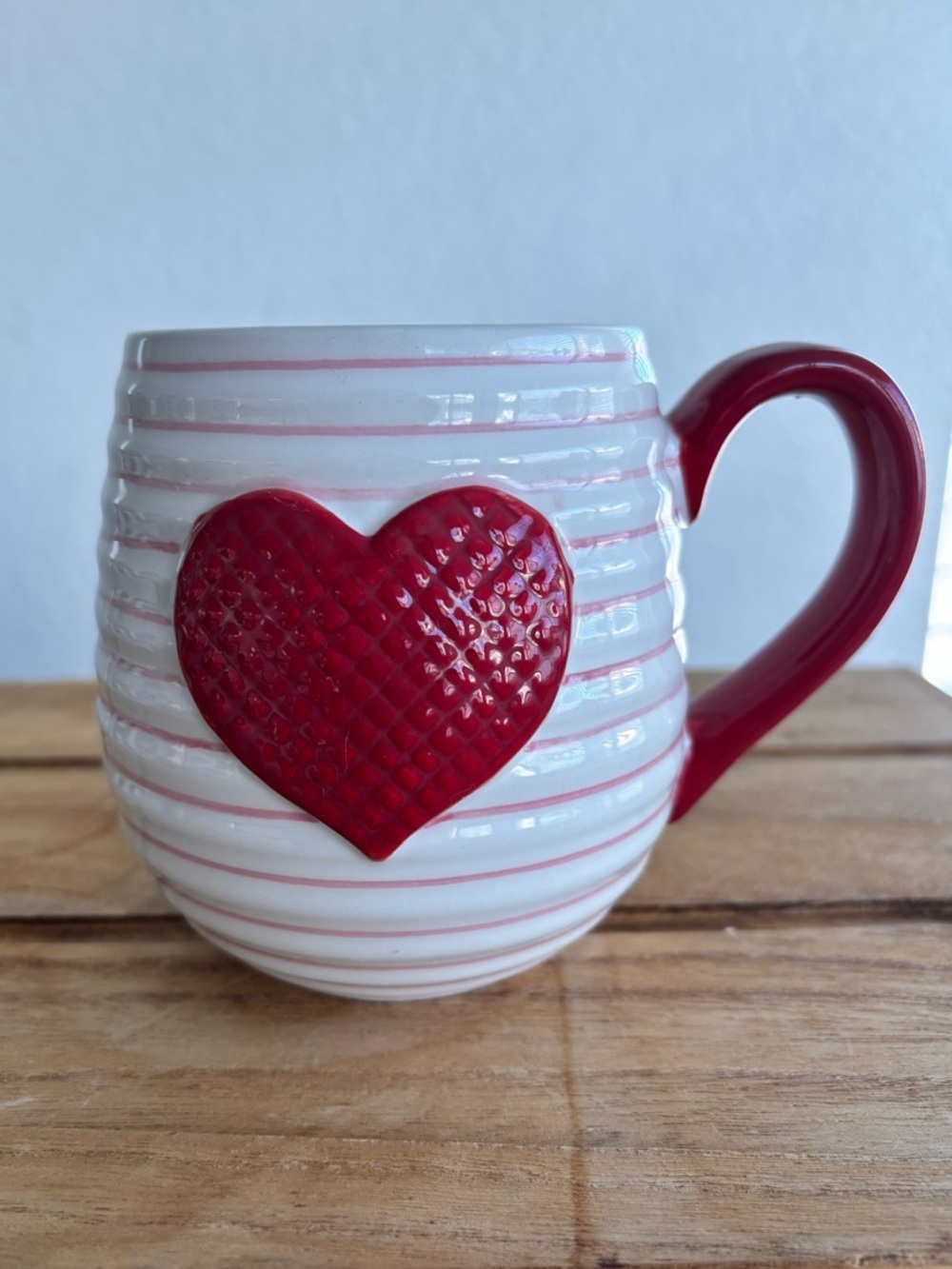 Lang Red & White Striped Raised Heart Heart Mug 16oz Handpainted Coffee Cup Gift